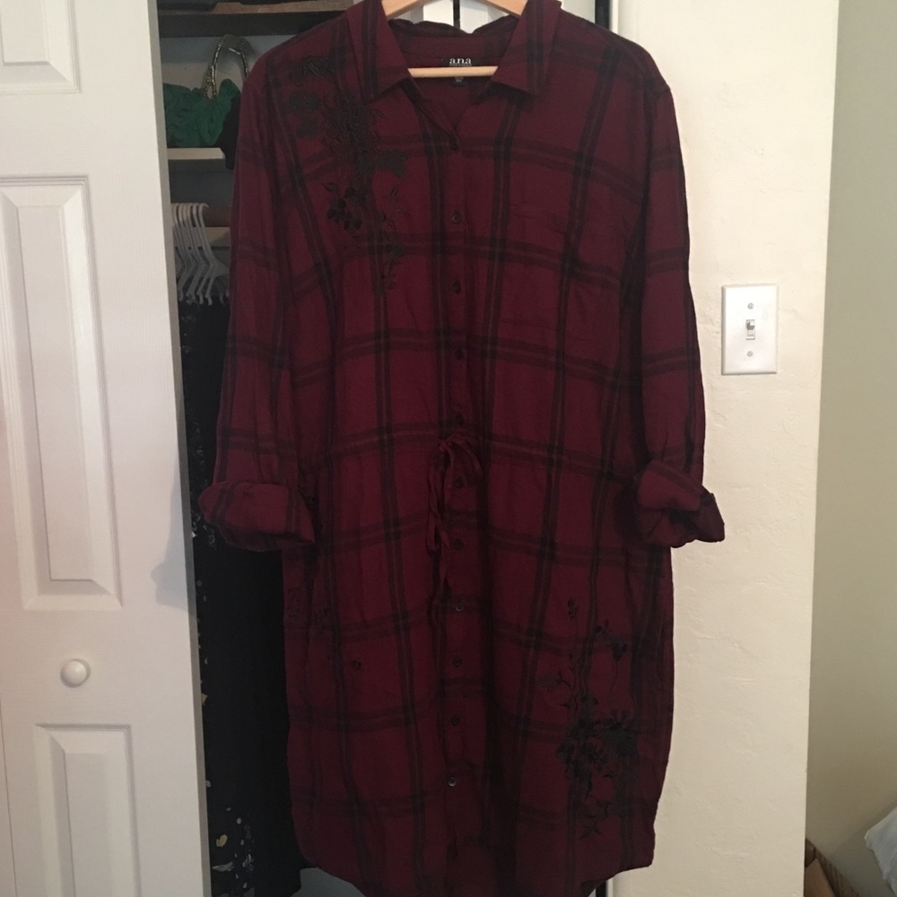 Plaid flannel embroidered shirt dress NWT